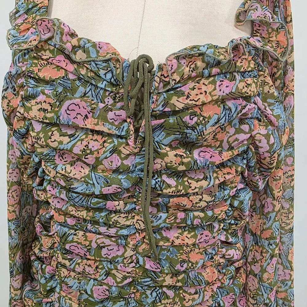 Free People Mabel Garden Top Size L‎ Smocked Puff Sleeve Romantic Renaissance